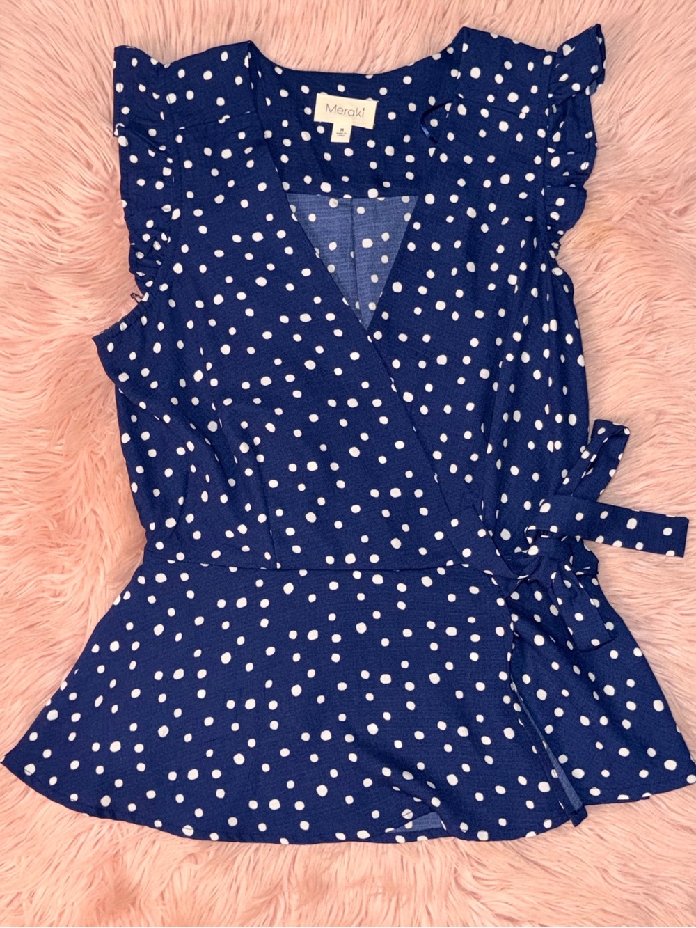 meraki Navy and White Polka Dot Wrap Top